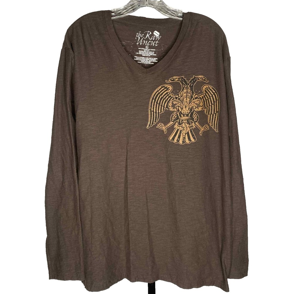 The Raw Uncut Men's All Over Graphic Print T-Shirt Long Sleeve Brown Size XL USA